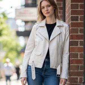 EUC Truth By Republic Size XS Cream Faux Leather Belted Moto Motorcycle Jacket!